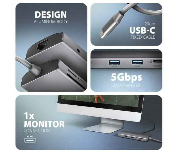 Axagon HMC-8HLSA, USB 5Gbps, 3x USB-A, HDMI 4k/60Hz, RJ-45, SD/mSD - 1353439 - zdjęcie 7